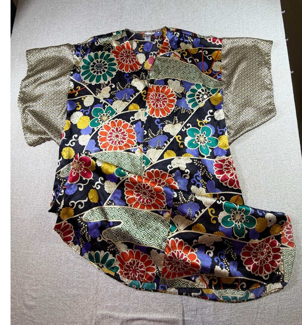 Natori Womens XL Multicolor Floral Asian Print Short Sleeve Satin Robe Kimono